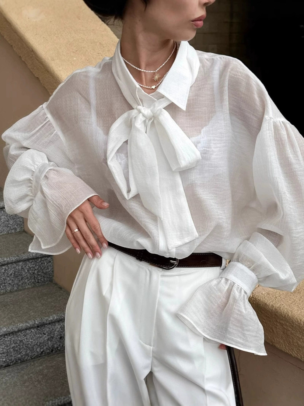 Forever 21 Autumn White Tencel Blouse Loose Bow Flared Sleeves